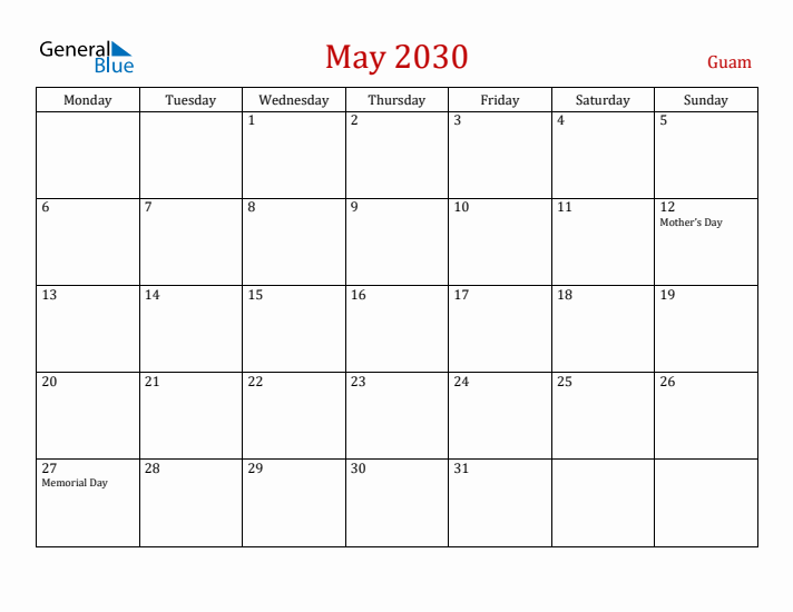 Guam May 2030 Calendar - Monday Start