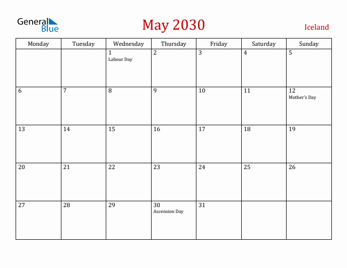 Iceland May 2030 Calendar - Monday Start
