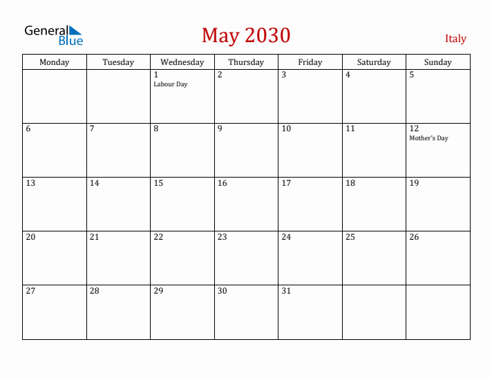 Italy May 2030 Calendar - Monday Start