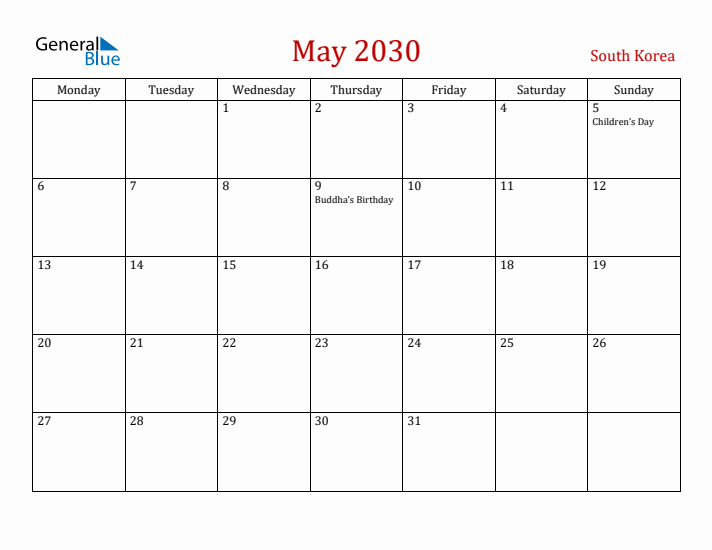 South Korea May 2030 Calendar - Monday Start
