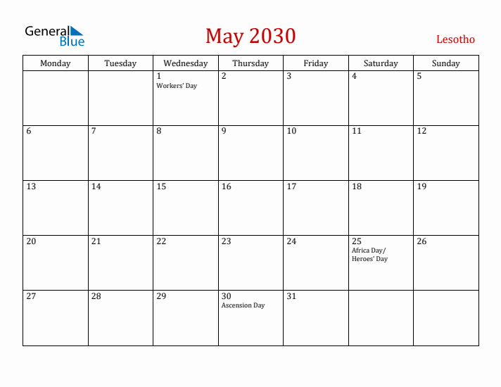 Lesotho May 2030 Calendar - Monday Start