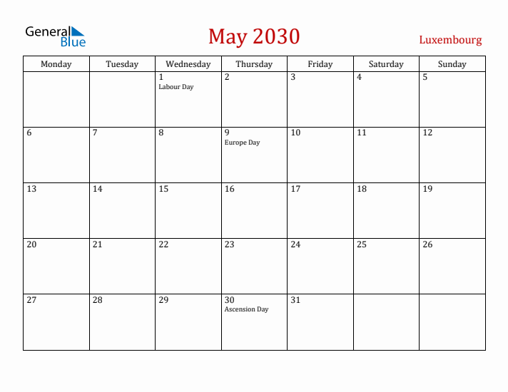 Luxembourg May 2030 Calendar - Monday Start