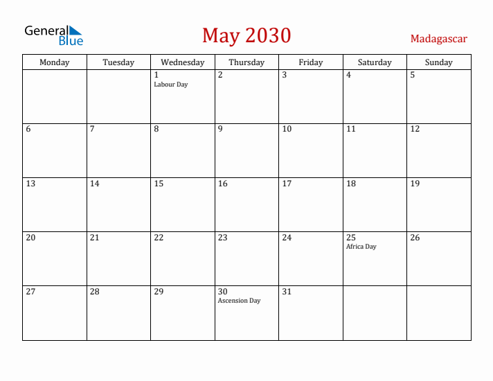 Madagascar May 2030 Calendar - Monday Start