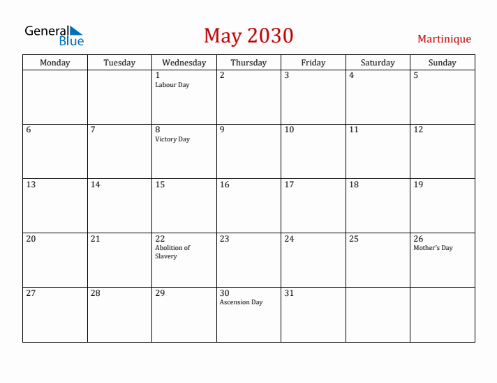 Martinique May 2030 Calendar - Monday Start