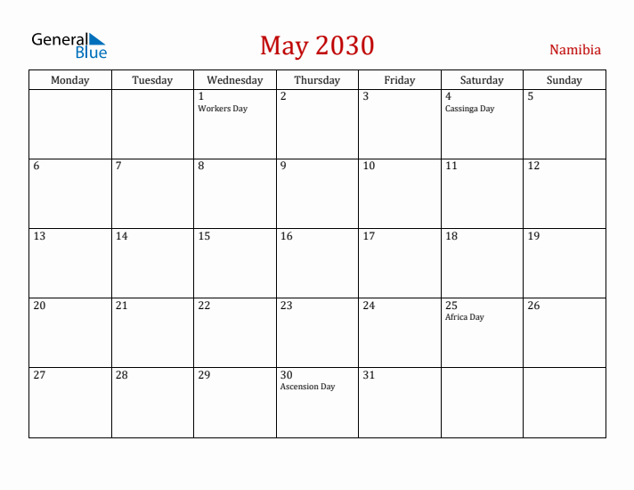 Namibia May 2030 Calendar - Monday Start