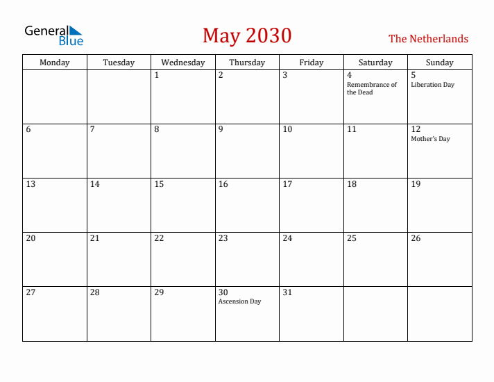 The Netherlands May 2030 Calendar - Monday Start