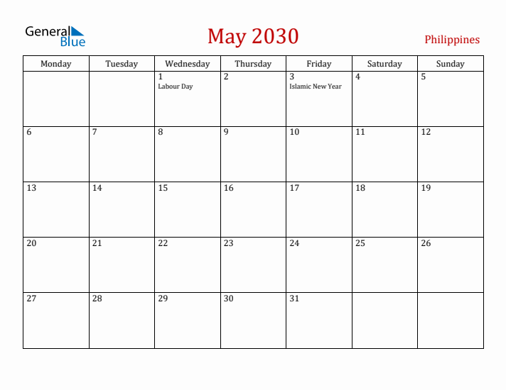 Philippines May 2030 Calendar - Monday Start