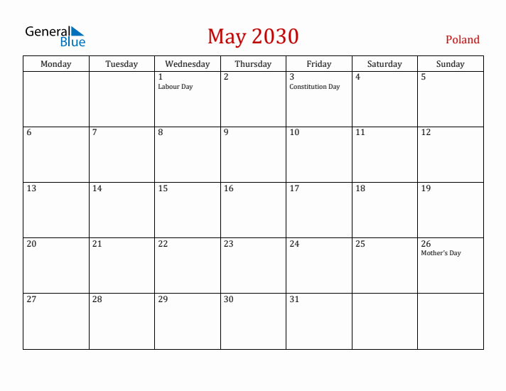 Poland May 2030 Calendar - Monday Start