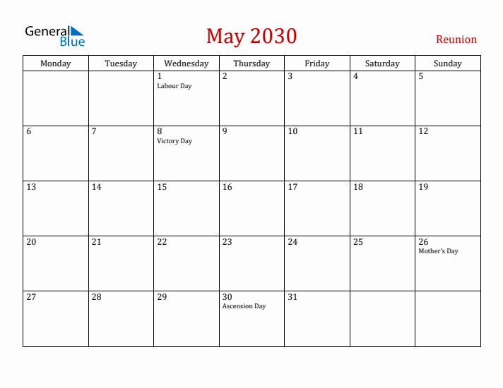 Reunion May 2030 Calendar - Monday Start