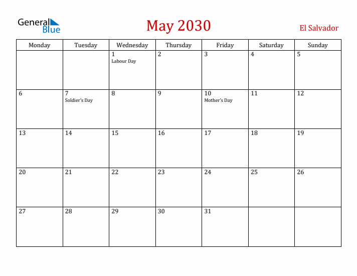 El Salvador May 2030 Calendar - Monday Start