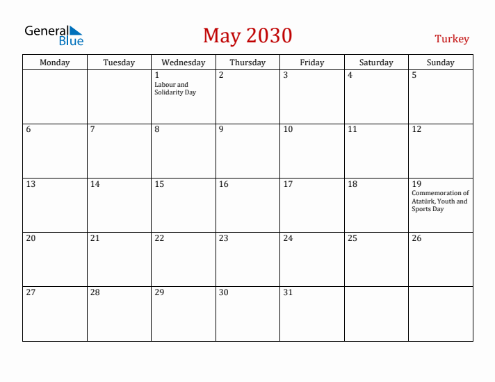 Turkey May 2030 Calendar - Monday Start