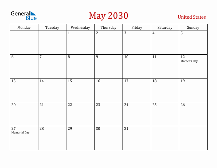United States May 2030 Calendar - Monday Start