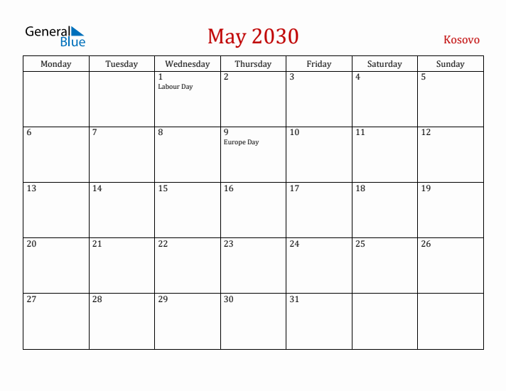 Kosovo May 2030 Calendar - Monday Start
