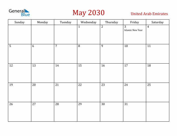 United Arab Emirates May 2030 Calendar - Sunday Start