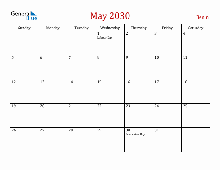 Benin May 2030 Calendar - Sunday Start