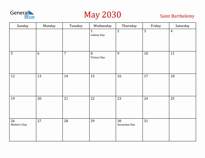 Saint Barthelemy May 2030 Calendar - Sunday Start