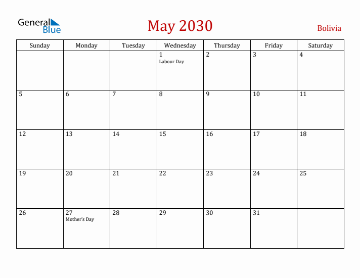 Bolivia May 2030 Calendar - Sunday Start