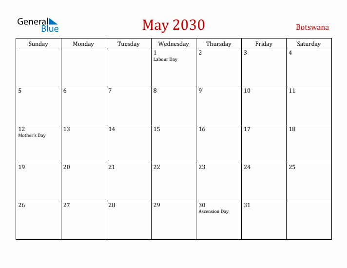 Botswana May 2030 Calendar - Sunday Start