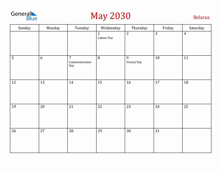 Belarus May 2030 Calendar - Sunday Start