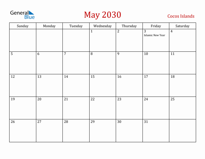 Cocos Islands May 2030 Calendar - Sunday Start