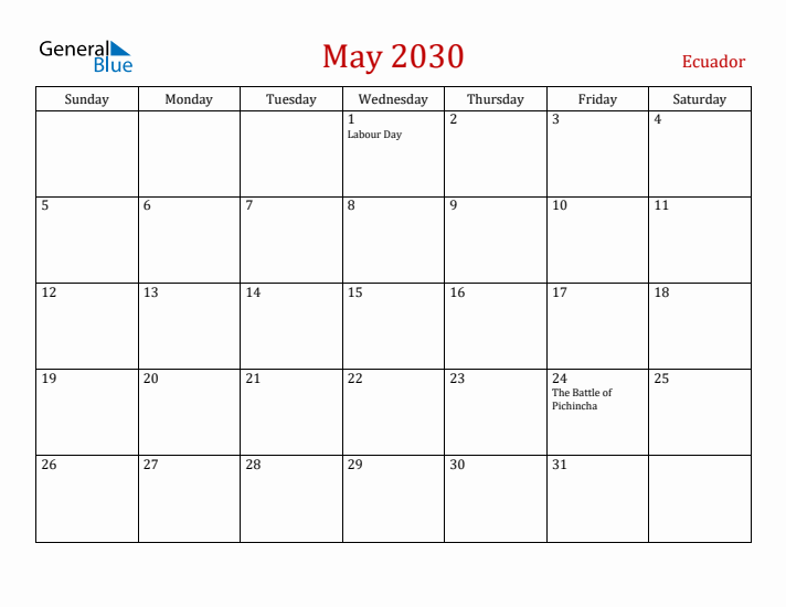 Ecuador May 2030 Calendar - Sunday Start