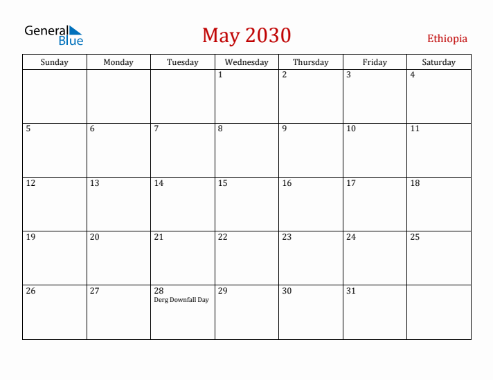 Ethiopia May 2030 Calendar - Sunday Start