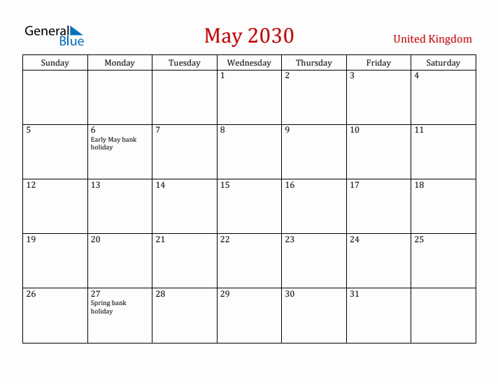 United Kingdom May 2030 Calendar - Sunday Start