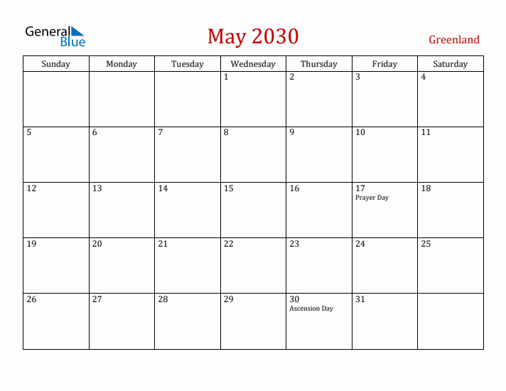 Greenland May 2030 Calendar - Sunday Start