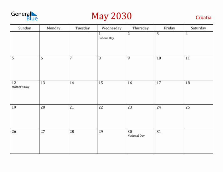 Croatia May 2030 Calendar - Sunday Start