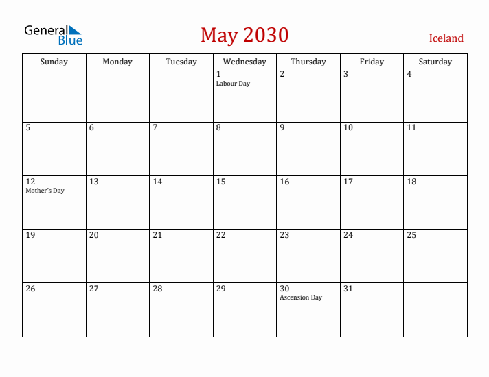 Iceland May 2030 Calendar - Sunday Start