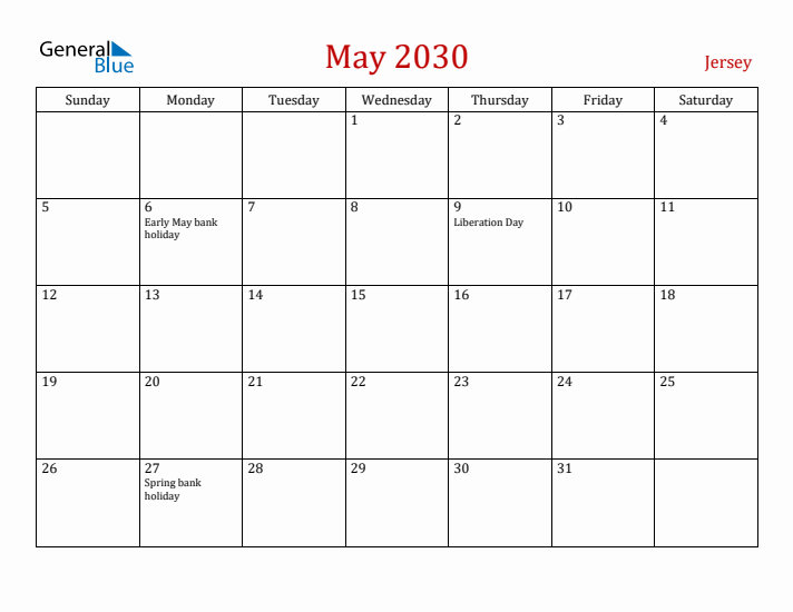 Jersey May 2030 Calendar - Sunday Start
