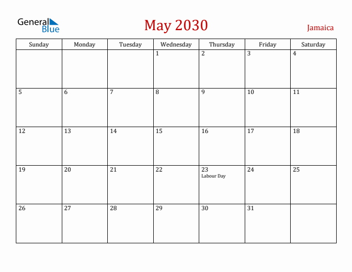 Jamaica May 2030 Calendar - Sunday Start
