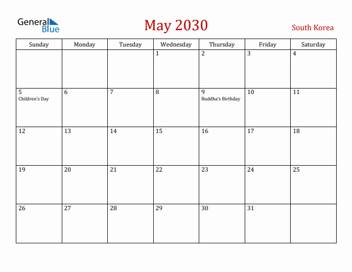 South Korea May 2030 Calendar - Sunday Start