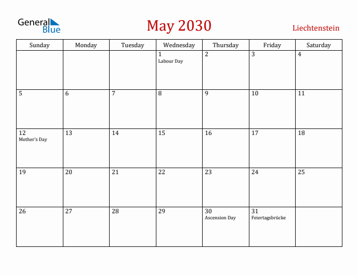 Liechtenstein May 2030 Calendar - Sunday Start