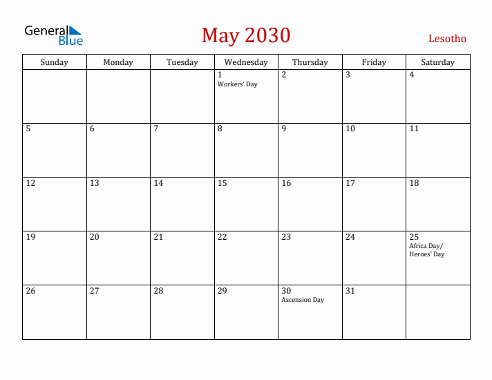 Lesotho May 2030 Calendar - Sunday Start
