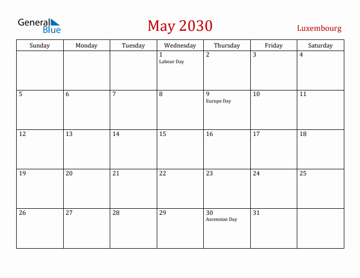 Luxembourg May 2030 Calendar - Sunday Start