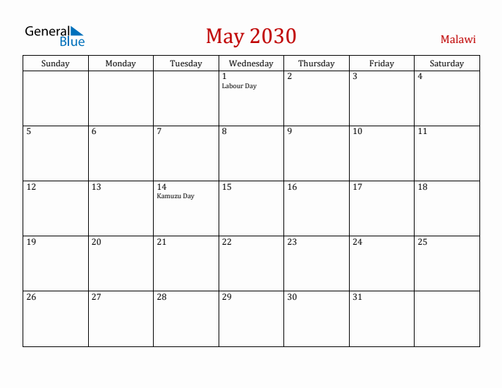 Malawi May 2030 Calendar - Sunday Start