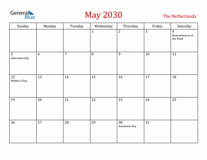The Netherlands May 2030 Calendar - Sunday Start