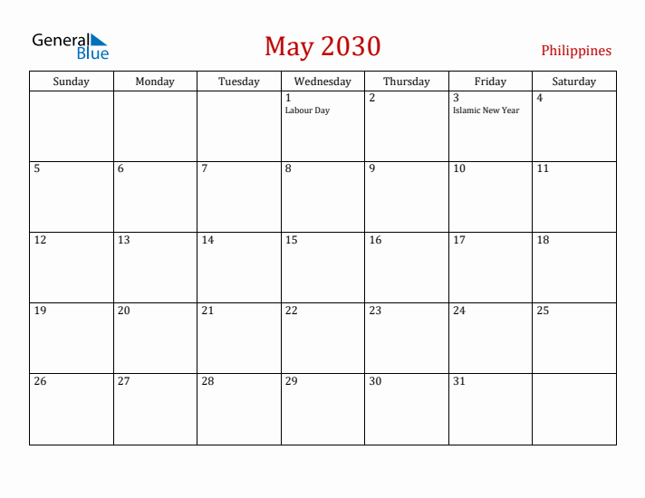 Philippines May 2030 Calendar - Sunday Start