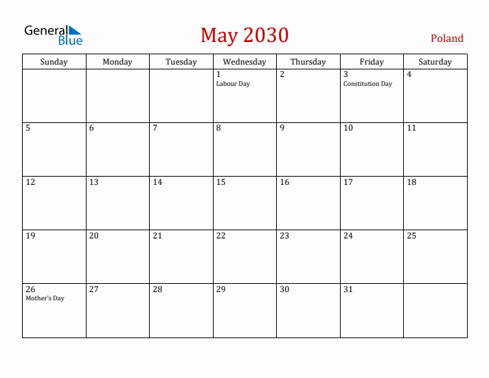 Poland May 2030 Calendar - Sunday Start