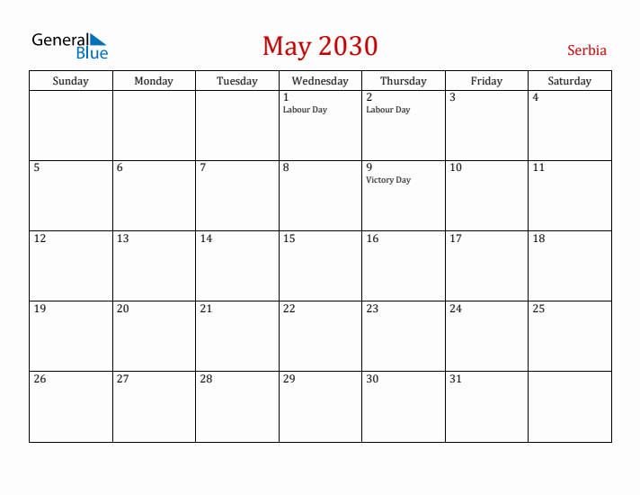 Serbia May 2030 Calendar - Sunday Start