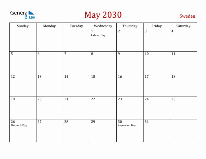 Sweden May 2030 Calendar - Sunday Start