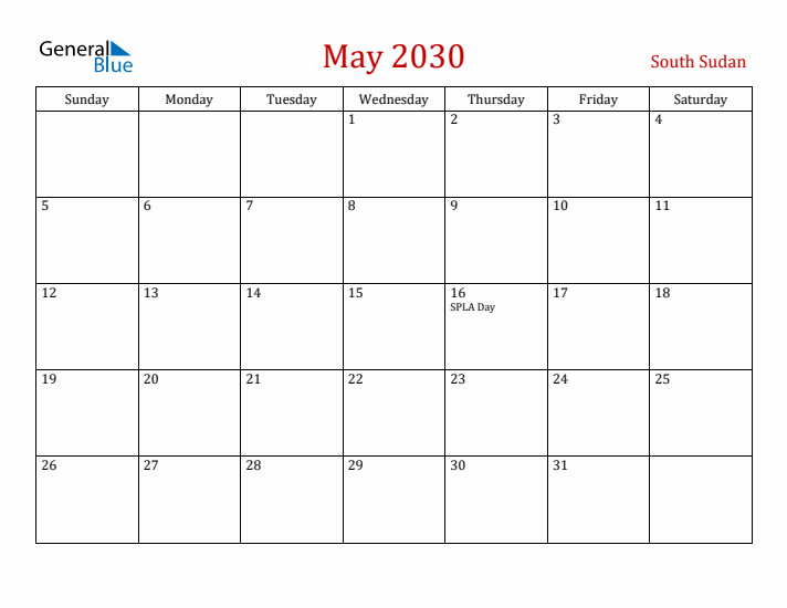 South Sudan May 2030 Calendar - Sunday Start