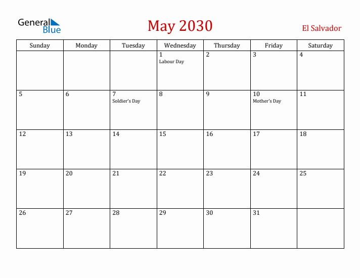 El Salvador May 2030 Calendar - Sunday Start