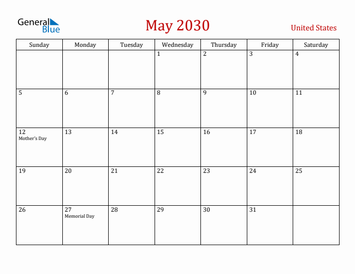 United States May 2030 Calendar - Sunday Start