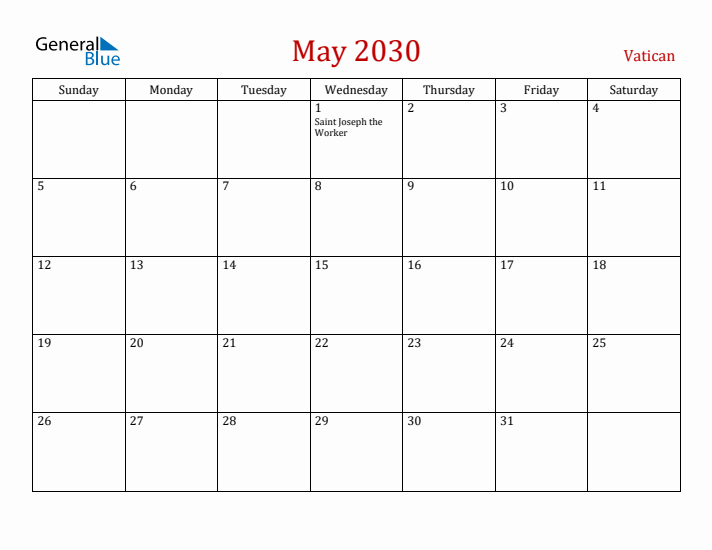 Vatican May 2030 Calendar - Sunday Start