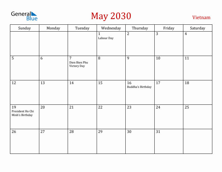 Vietnam May 2030 Calendar - Sunday Start