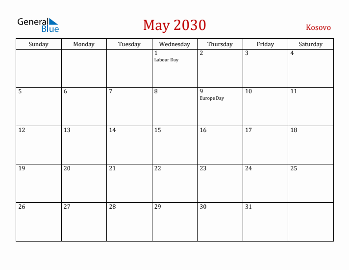 Kosovo May 2030 Calendar - Sunday Start
