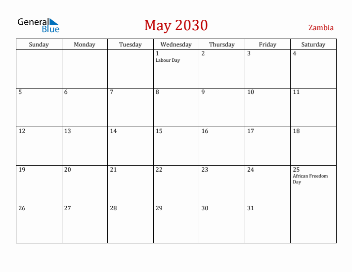 Zambia May 2030 Calendar - Sunday Start