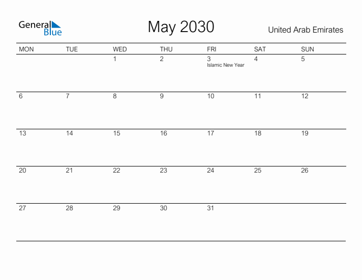 Printable May 2030 Calendar for United Arab Emirates